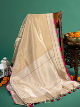 handwoven soft kora brocade gold body with kaduwa meenakari border banarasi