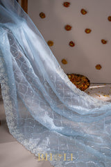 ice blue hand-crafted sequin and cutdaana work organza saree