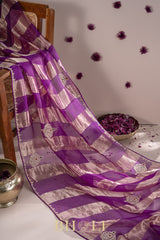 metallic striped hand-crafted zardosi and stone work buta organza saree