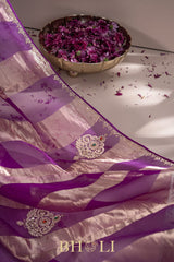metallic striped hand-crafted zardosi and stone work buta organza saree
