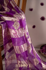 metallic striped hand-crafted zardosi and stone work buta organza saree