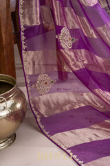 metallic striped hand-crafted zardosi and stone work buta organza saree