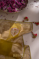 metallic striped moss yellow hand-crafted zardosi and stone work organza saree