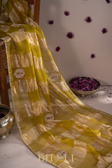 metallic striped moss yellow hand-crafted zardosi and stone work organza saree