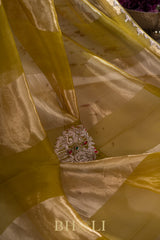 metallic striped moss yellow hand-crafted zardosi and stone work organza saree