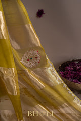 metallic striped moss yellow hand-crafted zardosi and stone work organza saree