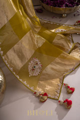 metallic striped moss yellow hand-crafted zardosi and stone work organza saree