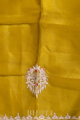 metallic striped moss yellow hand-crafted zardosi and stone work organza saree