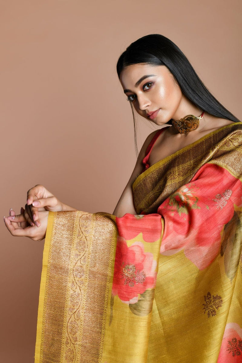 Mustard Handwoven floral printed Tussar silk Banarasi