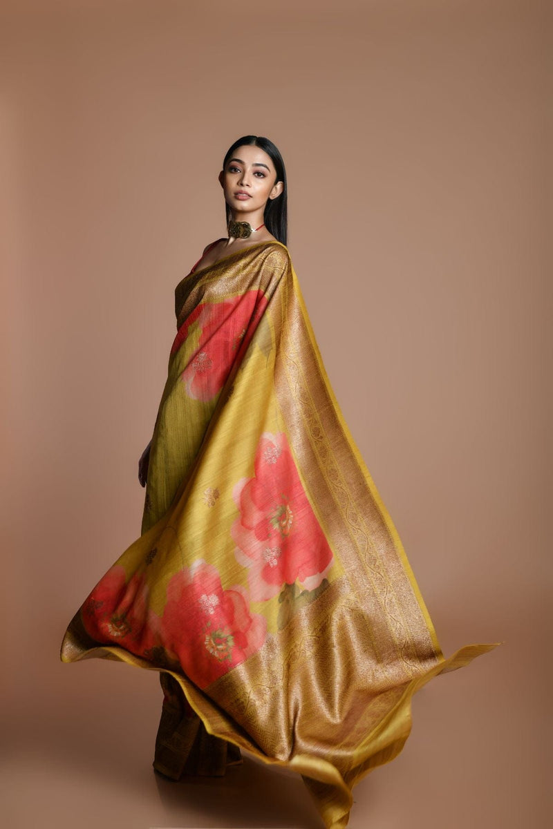 Mustard Handwoven floral printed Tussar silk Banarasi