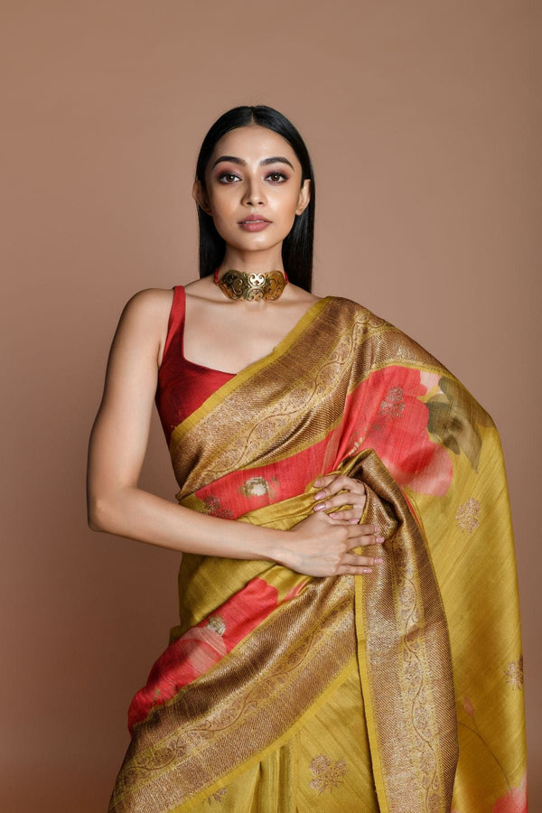 Mustard Handwoven floral printed Tussar silk Banarasi
