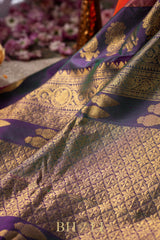 peacock green and orange kuttu silk gadwal