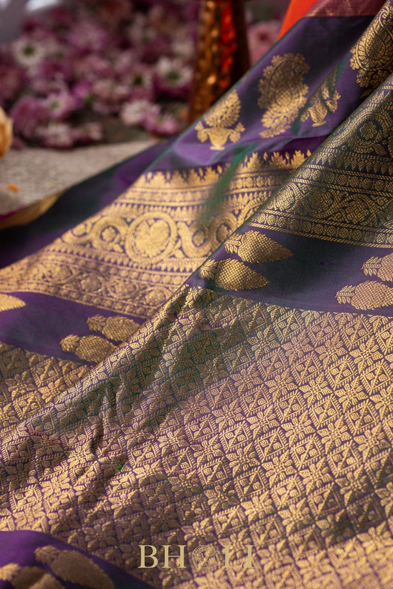 peacock green and orange kuttu silk gadwal