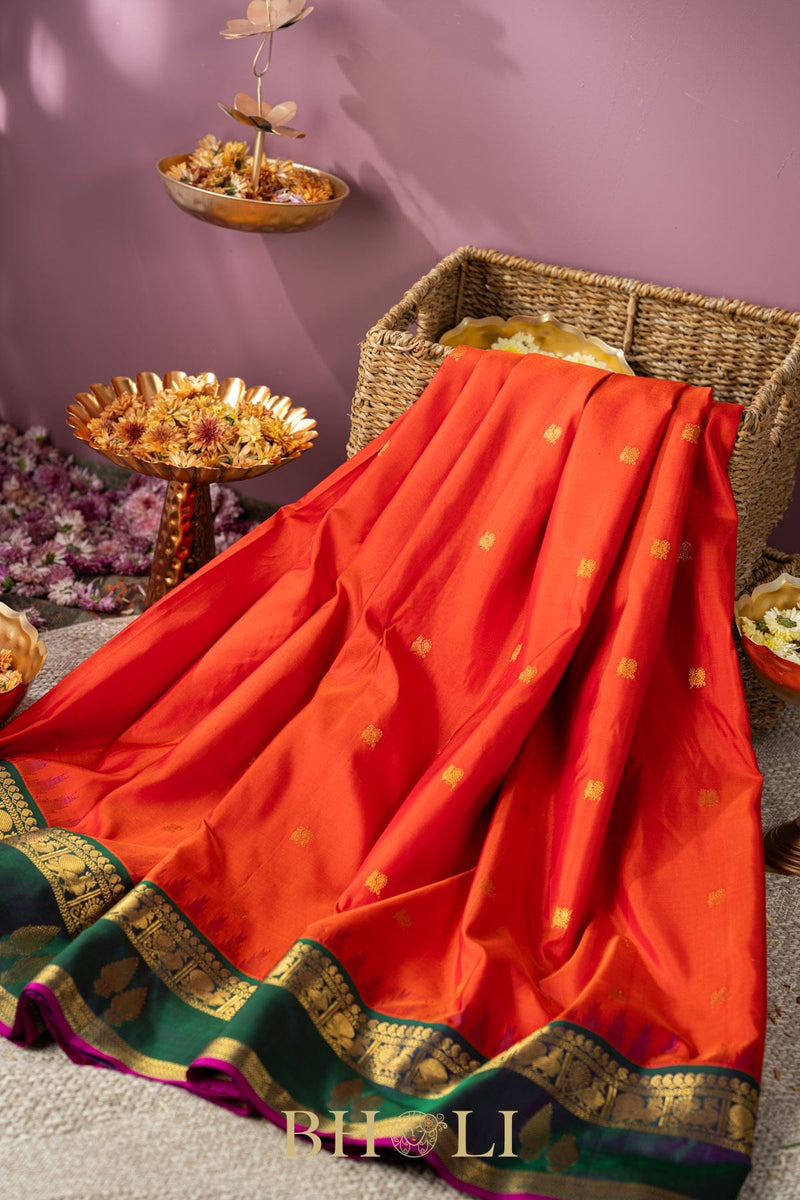 peacock green and orange kuttu silk gadwal