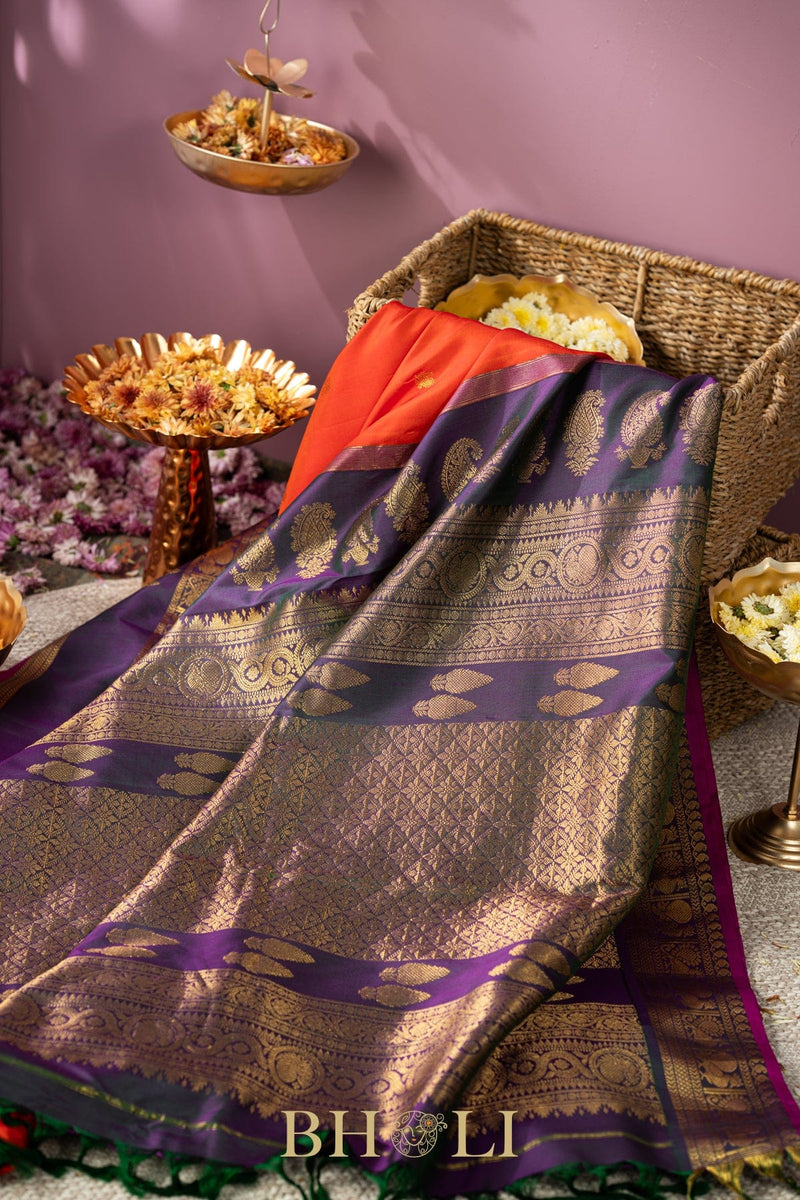 peacock green and orange kuttu silk gadwal