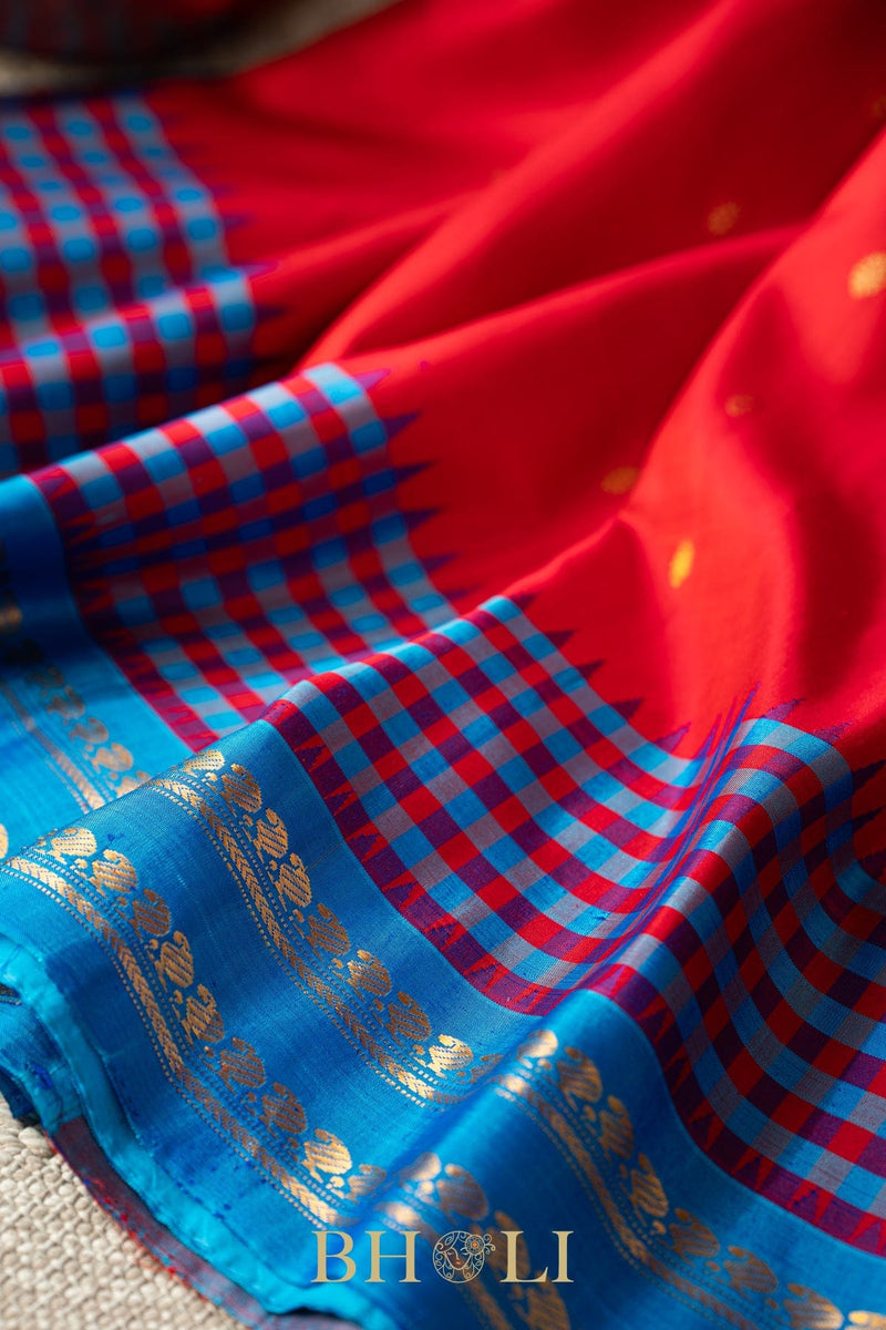 red and cerulean blue gadwal silk by silk saree