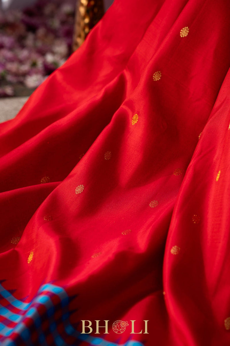 red and cerulean blue gadwal silk by silk saree