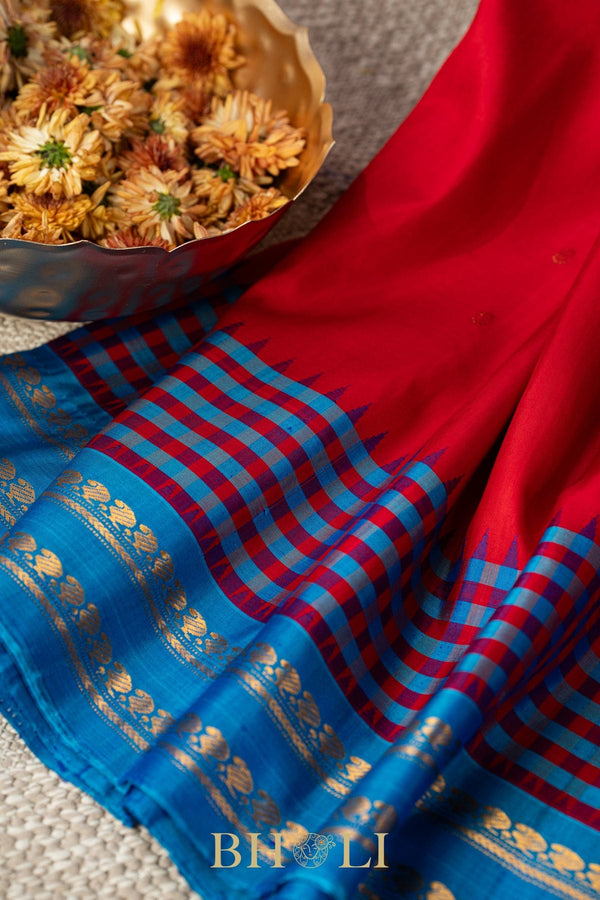 red and cerulean blue gadwal silk by silk saree