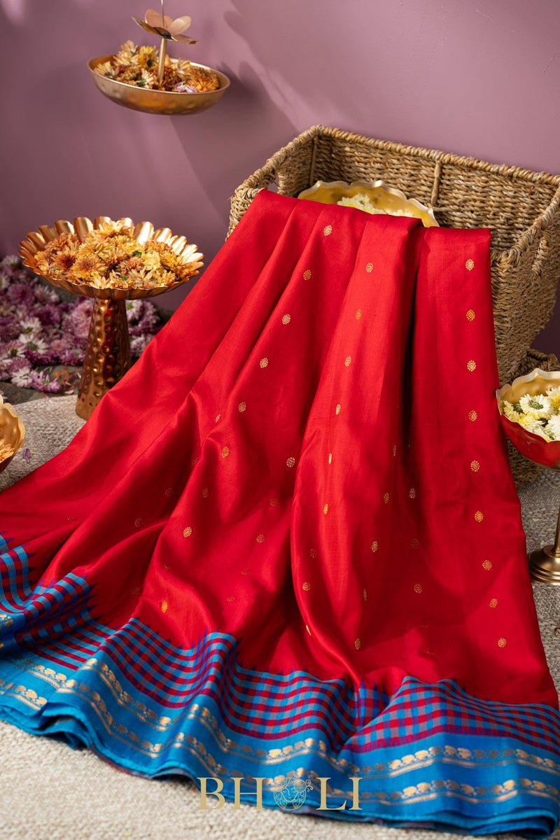 red and cerulean blue gadwal silk by silk saree