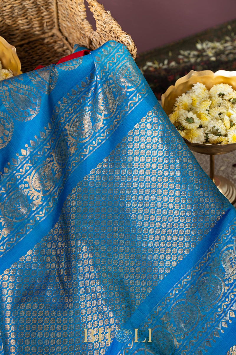 red and cerulean blue gadwal silk by silk saree