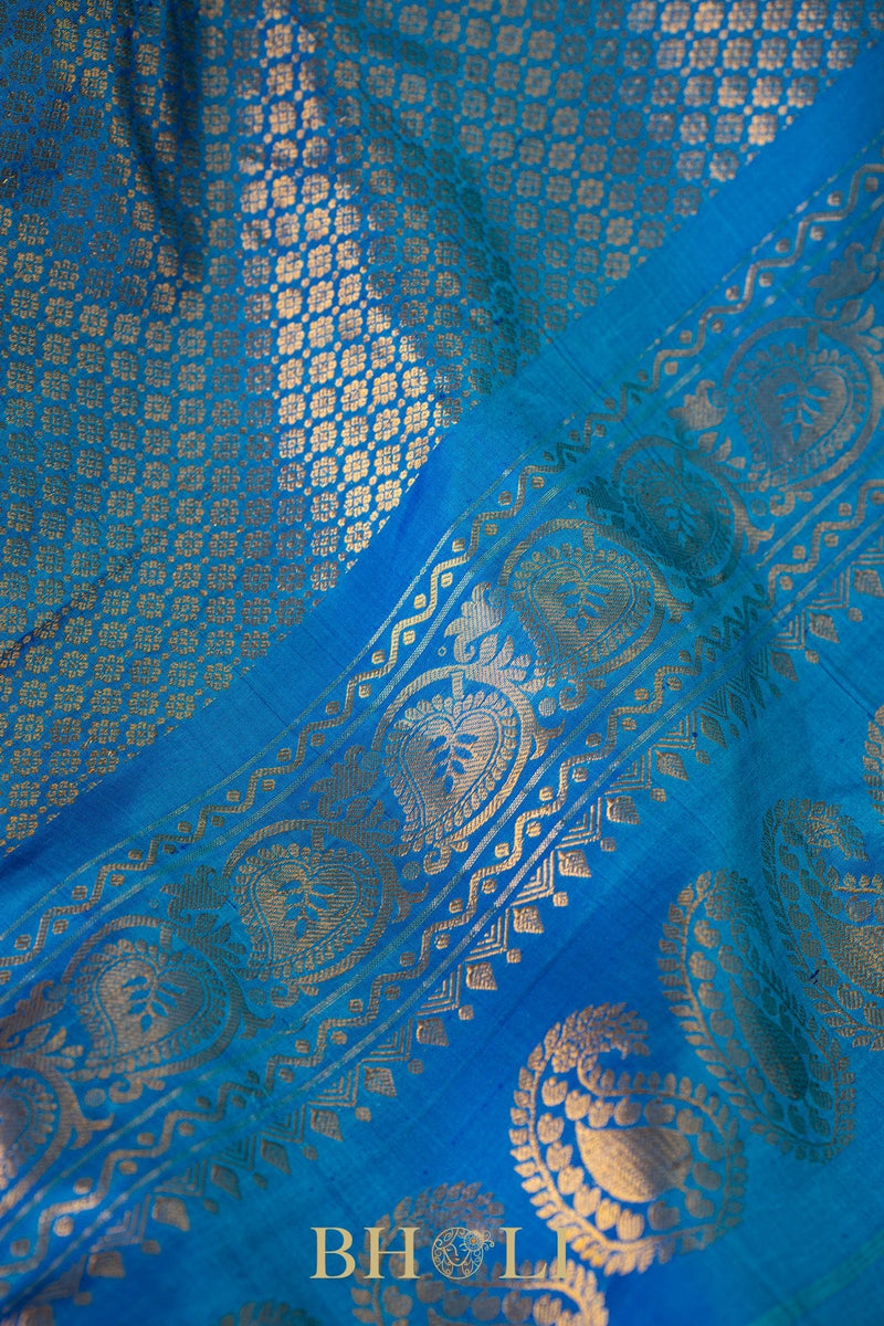 red and cerulean blue gadwal silk by silk saree
