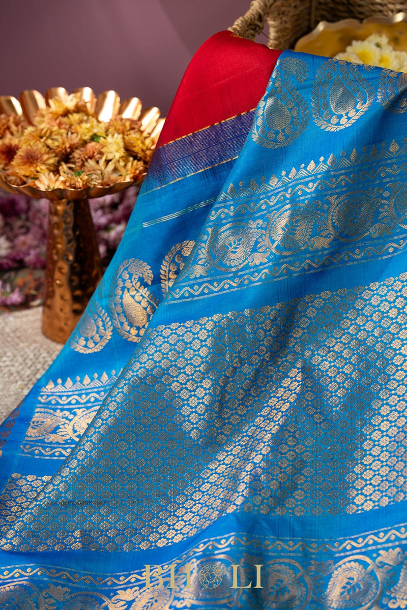 red and cerulean blue gadwal silk by silk saree