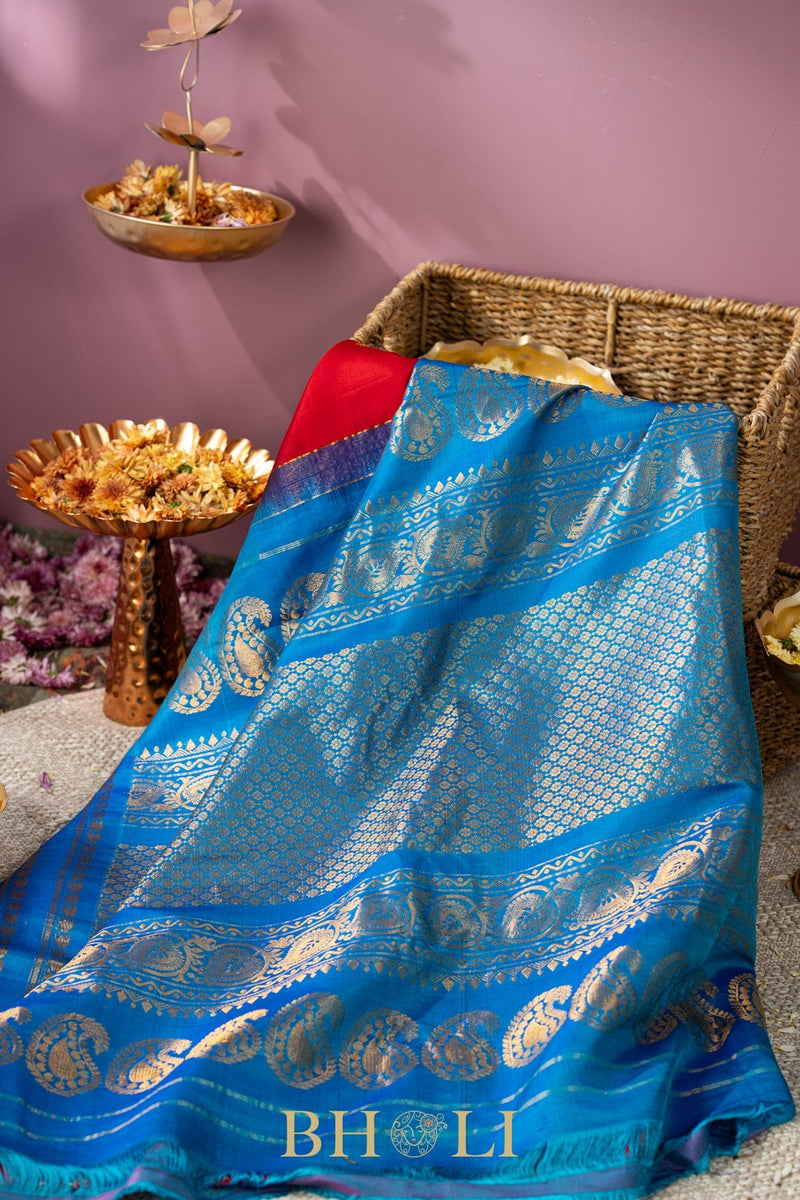 red and cerulean blue gadwal silk by silk saree