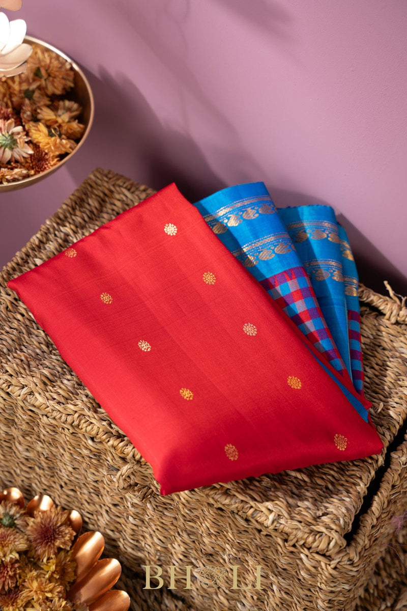 red and cerulean blue gadwal silk by silk saree
