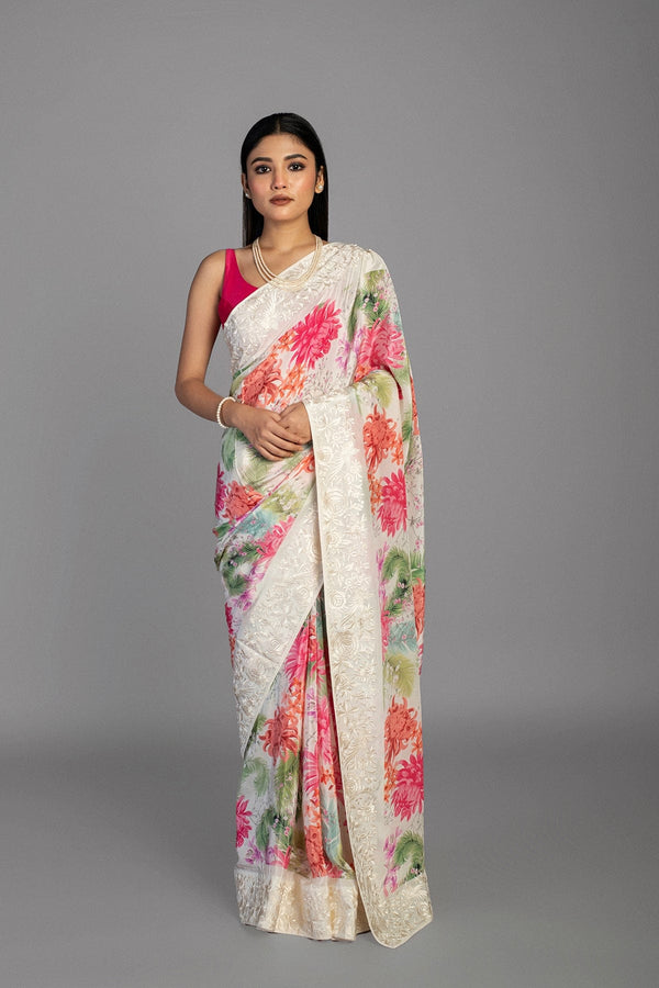 Satin Floral Printed saree with machine embroidered gara border