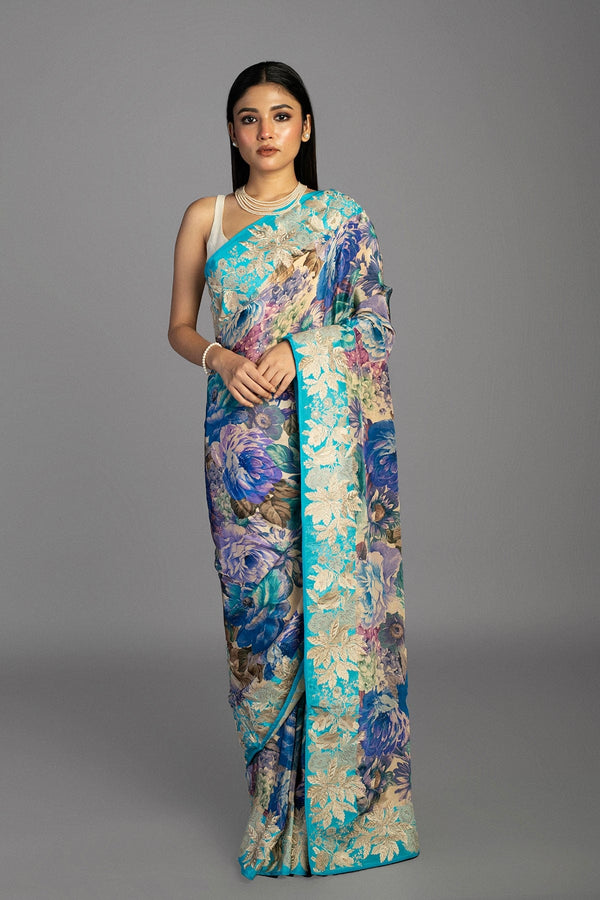 Satin Floral Printed saree with machine embroidered gara border