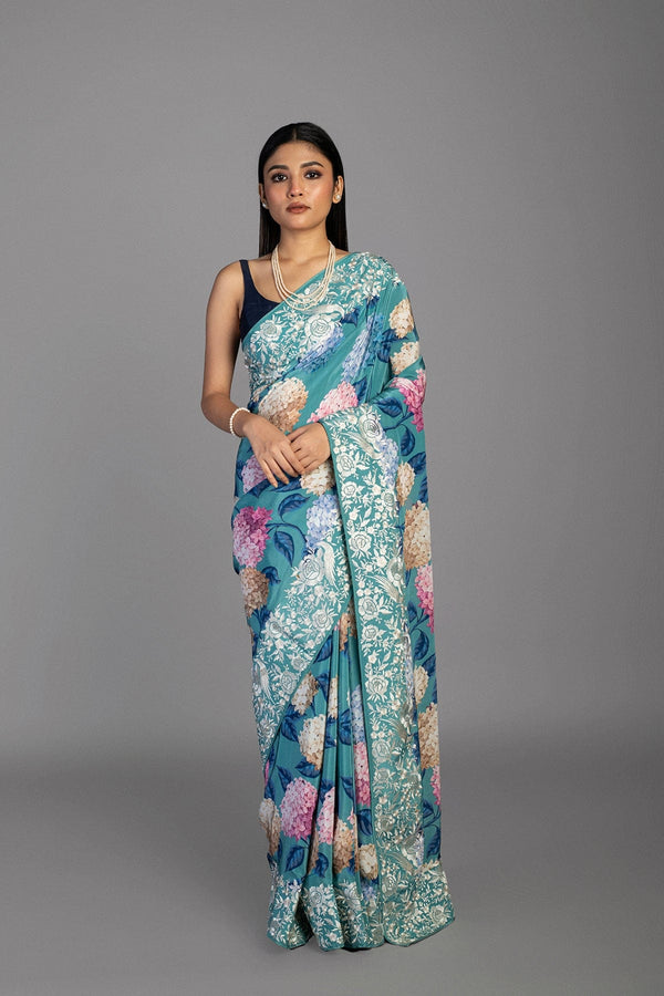 Satin Floral Printed saree with machine embroidered gara border