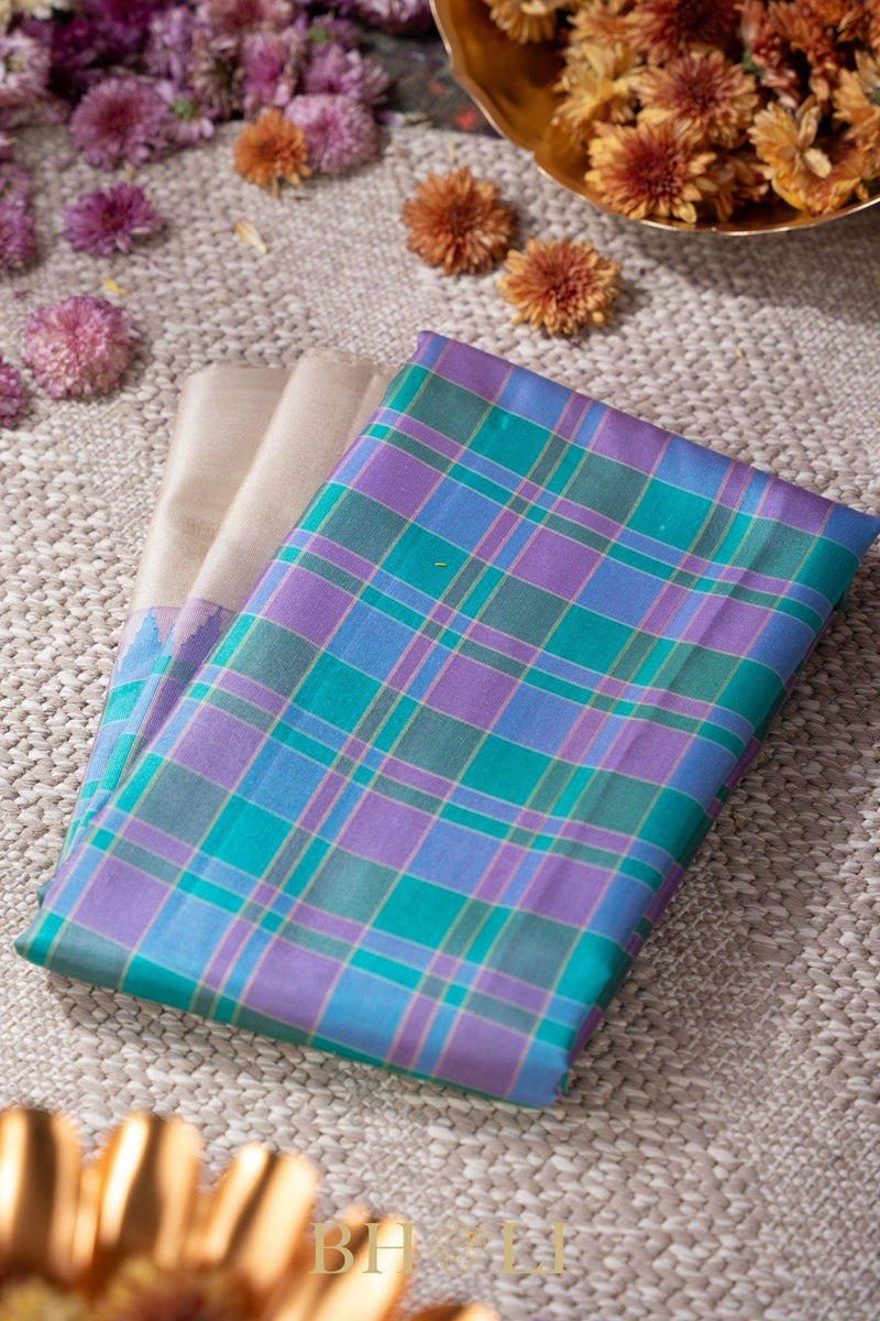 sky blue checkered silk by silk gadwal