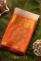 taupe and orange pure zari mulberry silk kai korvai kanjivaram