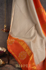 taupe and orange pure zari mulberry silk kai korvai kanjivaram