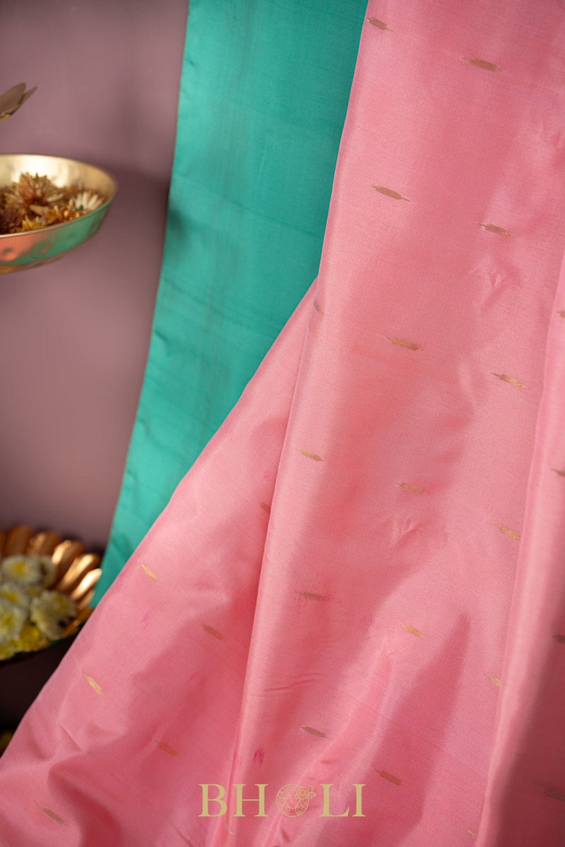 tiffany blue and baby pink kuttu handwoven silk gadwal