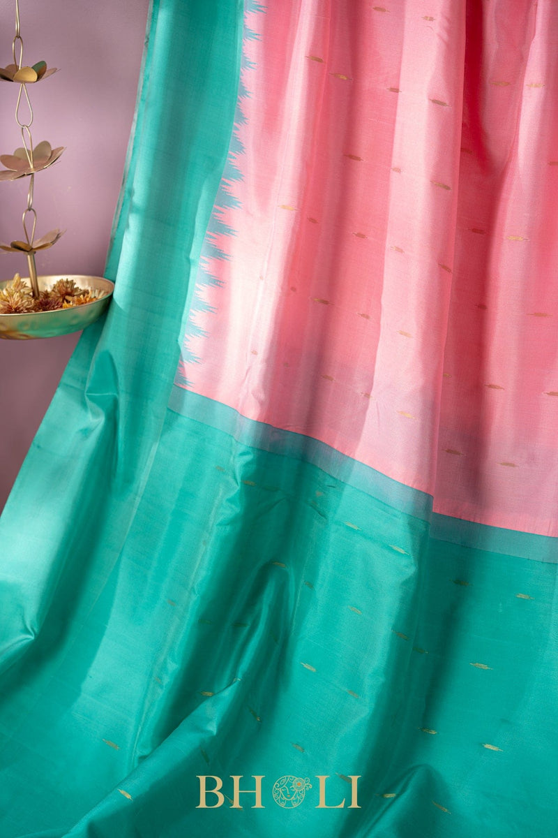 tiffany blue and baby pink kuttu handwoven silk gadwal