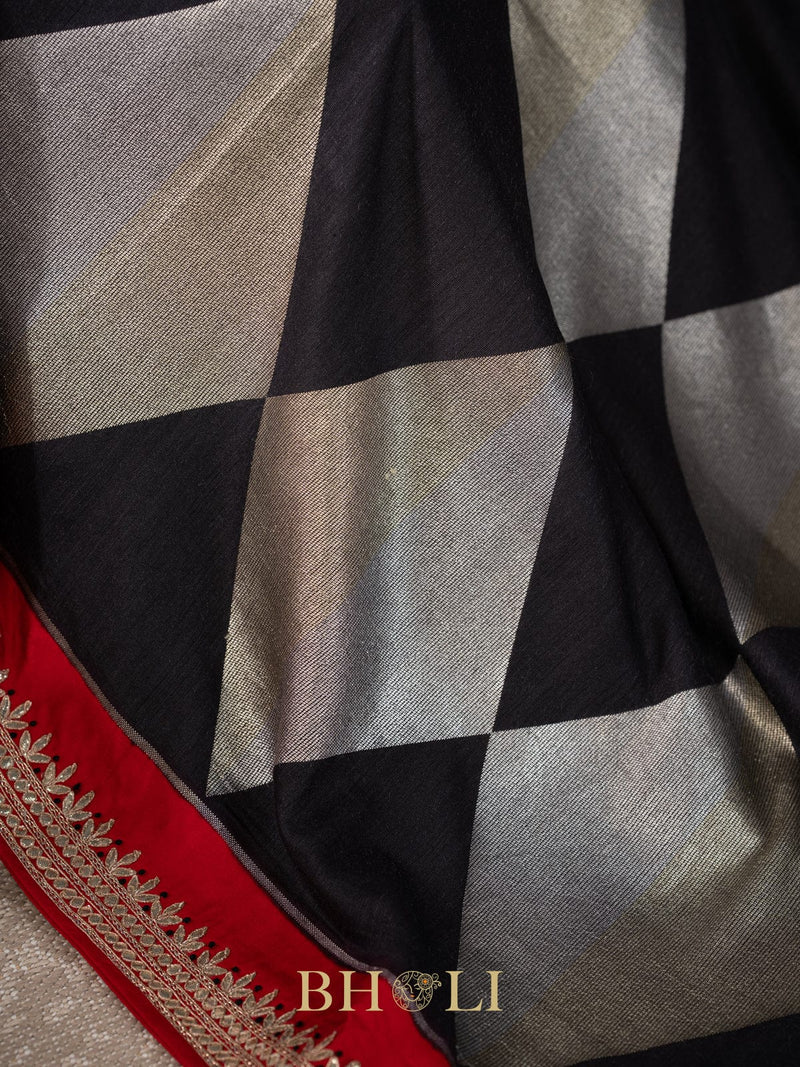 tussar georgette in silver and gold zari with embroidered gotta patti border