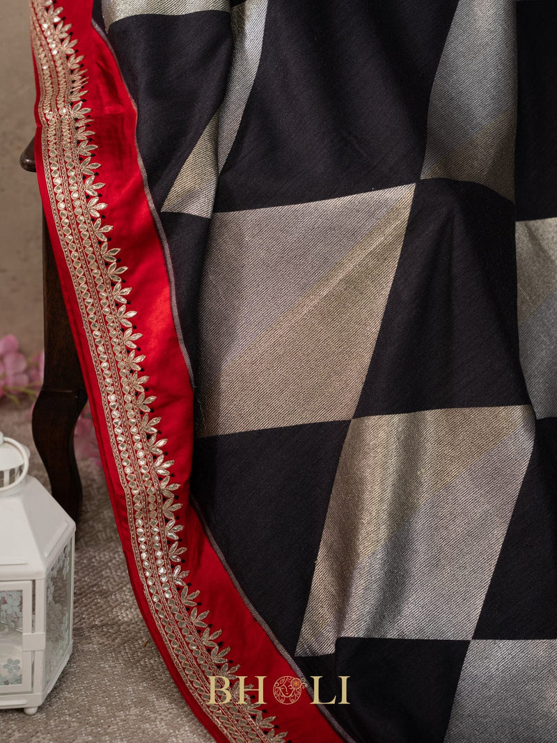 tussar georgette in silver and gold zari with embroidered gotta patti border