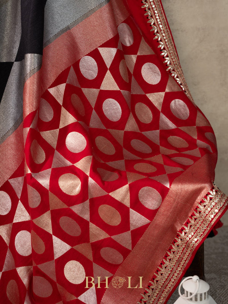 tussar georgette in silver and gold zari with embroidered gotta patti border