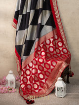 tussar georgette in silver and gold zari with embroidered gotta patti border