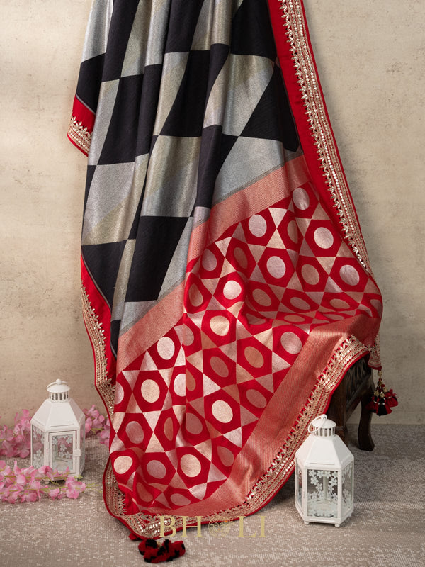 tussar georgette in silver and gold zari with embroidered gotta patti border