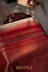 vintage pure zari mulberry silk red and white korvai kanjivaram
