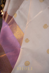 white and lavender pure zari mulberry silk kai korvai kanjivaram