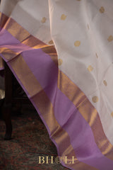 white and lavender pure zari mulberry silk kai korvai kanjivaram