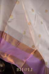 white and lavender pure zari mulberry silk kai korvai kanjivaram