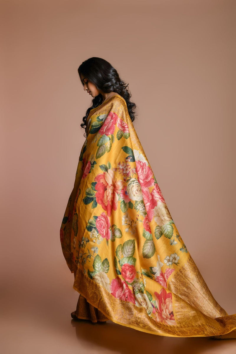 YellowHandwoven floral printed Tussar silk Banarasi