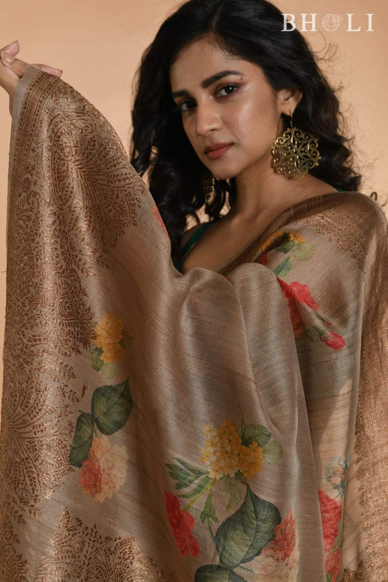 Beige Gray Handwoven floral printed Tussar Banarasi