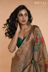 Beige Gray Handwoven floral printed Tussar Banarasi