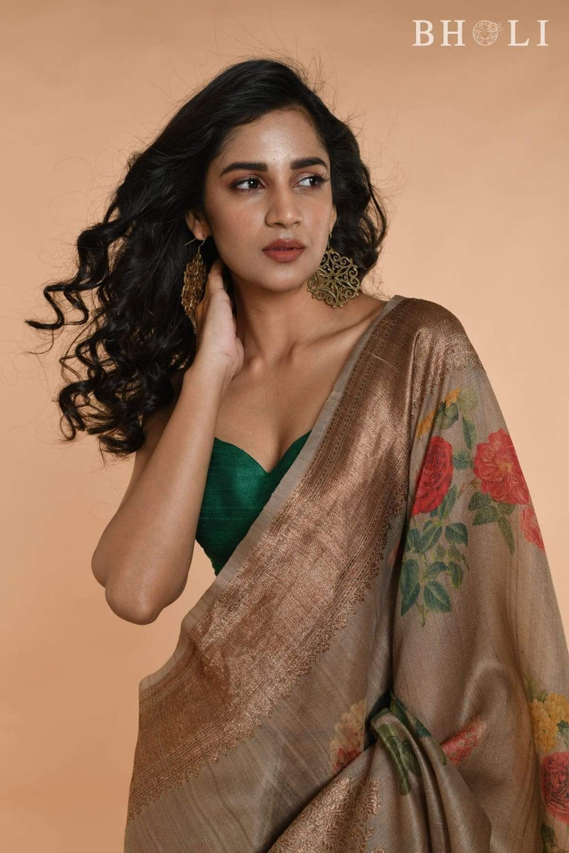 Beige Gray Handwoven floral printed Tussar Banarasi