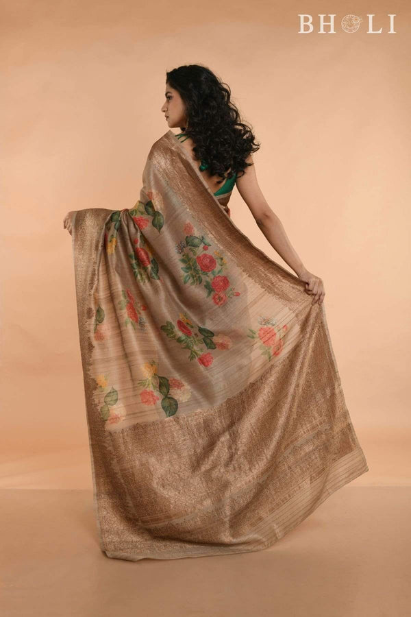Beige Gray Handwoven floral printed Tussar Banarasi